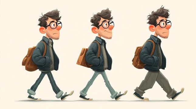 Cartoon character walking left to right through three clear stages, illustrating a simple explainer narrative of progress, steps and transformation in a friendly, modern style.
