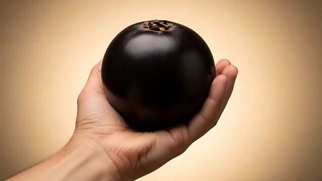 hand holding black sapote