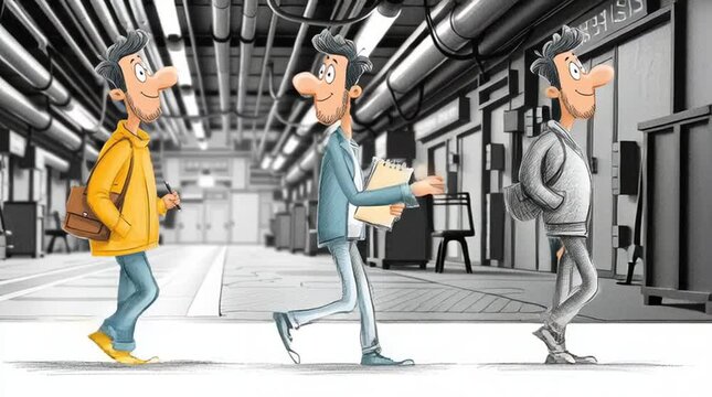 Cartoon character walking left to right through three clear stages, illustrating a simple explainer narrative of progress, steps and transformation in a friendly, modern style.
