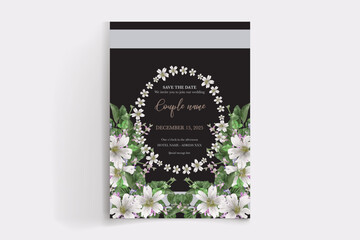 WEDDING INVITATION FRAME WITH FLOWER DECORATIONS AND FRESH LEAVES
