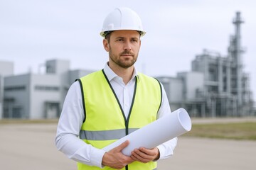 Professional engineer in hardhat holding blueprints at industrial plant, showcasing expertise and construction site environment