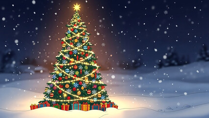 Vibrant Christmas tree with colorful ornaments in snowy landscape