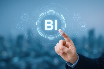 Business Intelligence Activation: Male Finger Tapping Virtual BI Interface with Cityscape Backdrop for Data Driven Strategy