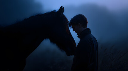 Whispers of Trust: A tender moment unfolds as a person shares an intimate connection with a horse, their faces close in a bond of silent understanding against the backdrop of a misty dawn.