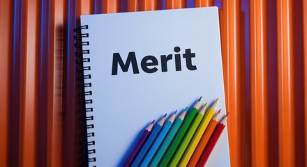 Merit concept depicted with colorful pencils on a notebook against an orange background symbolizing achievement