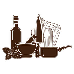 Kitchen tools and ingredients illustration featuring bottle mortar pan knife block and herbs isolated on a transparent background