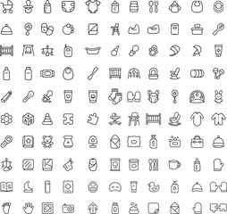 Large collection of line icons representing various baby care items accessories and equipment on white background for design use