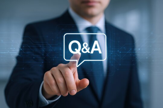 Businessman touching virtual Q&A speech bubble, symbolizing online support, information access, and interactive communication - Powered by Adobe