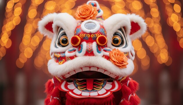 Vibrant Chinese Lion Dance Head Performance with Bokeh Lights Background