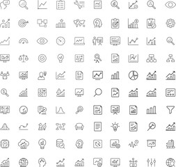 Data analysis line icons set collection covering business growth statistics metrics strategy management research charts and reports.