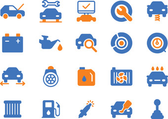 Set of duotone car service and repair icons illustrating essential automotive maintenance procedures vehicle diagnostics and mechanical tools isolated