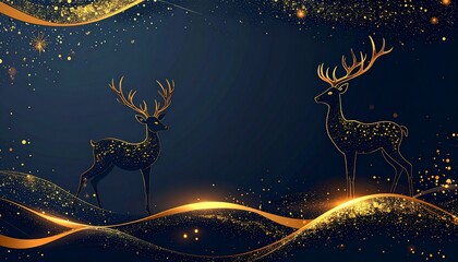 Elegant cartoon New Year background with a graceful deer silhouette, refined gold accents on dark background, minimal flat illustration, modern luxury aesthetic, soft glow lighting, abstract festive e