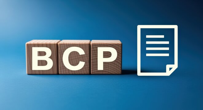Business Continuity Planning Illustration: Wooden Blocks Spelling BCP Next to a Document Icon on Blue Background