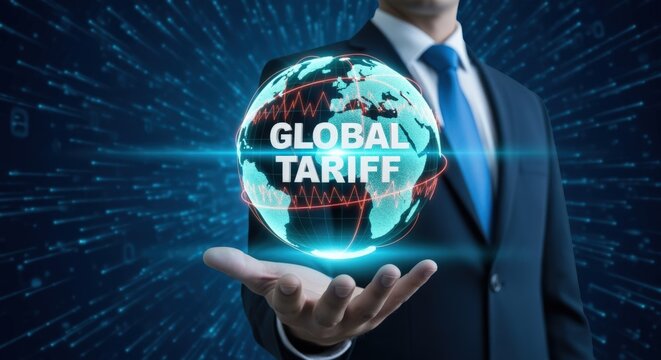 Global Tariff Concept: Businessman Holding World Globe Illustrating International Trade Regulations and Financial Market Fluctuations - Powered by Adobe