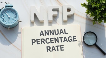 Annual Percentage Rate Concept Displayed with Magnifying Glass, Clock, and Decorative Plant on Tabletop