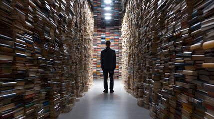 Literary Labyrinth: A solitary figure navigates a towering corridor of stacked books, symbolizing the boundless journey of knowledge and contemplation, bathed in soft, ambient light.