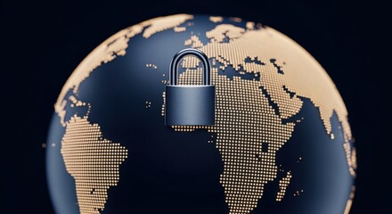 Global Data Security: Padlock on Globe Illustrating International Cybersecurity and Data Protection Measures