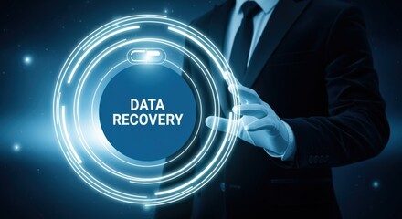 Data Recovery Specialist Concept: Businessman Touching Holographic Interface for Backup, Security, and Disaster Recovery Services