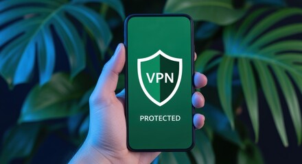 Smartphone displaying a VPN shield against green foliage background, representing data security and encrypted connection