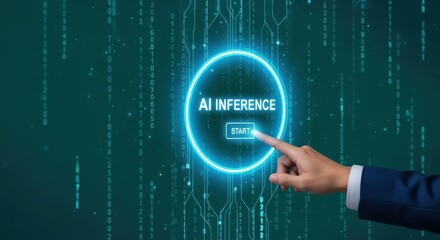 Activating AI Inference: Hand Pressing a Start Button on Futuristic Interface for Data Processing