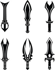 Collection of black tribal sword silhouettes and fantasy dagger weapon elements for graphic design and tattooing projects.