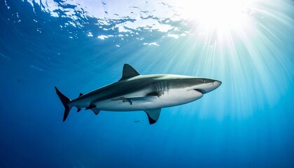 Obraz premium Side-view of a shark gliding through clear blue ocean with sunlight filtering from above.
