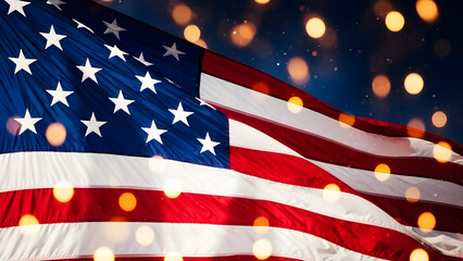 American flag with bokeh lights on patriotic background