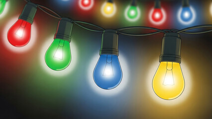 Vibrant string of colorful Christmas lights glowing brightly