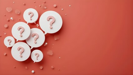 Scattered white 3D speech bubbles with pink question marks on a soft red background; a modern concept for customer inquiries, feedback, and support.