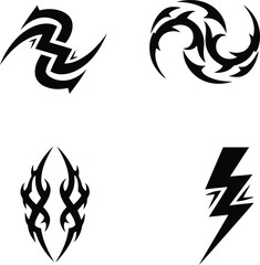 Minimalist black tribal tattoo elements with lightning bolt sharp thorns and symmetrical flame patterns for graphic design.