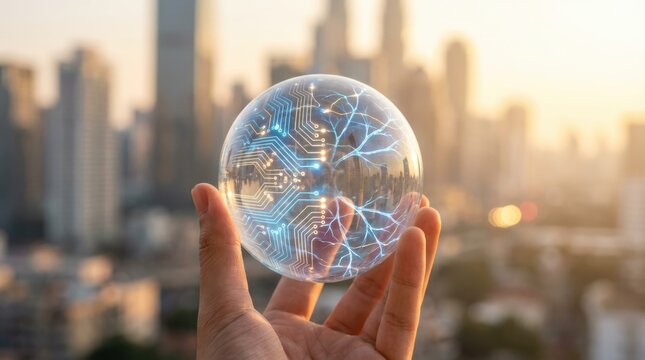 Hand holding a glowing digital circuit sphere, against a blurred golden city skyline, representing the future of artificial intelligence and global data. - Powered by Adobe