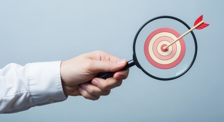 Magnifying Glass Focuses on a Bullseye Target Representing Aim, Precision, Achievement, and Strategic Planning