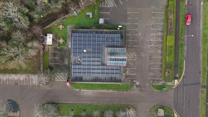 Aerial drone view of large scale cutting-edge technology and futuristic infrastructure of a large-scale data center in Milton Keynes, UK. AI cloud quantum computing. 