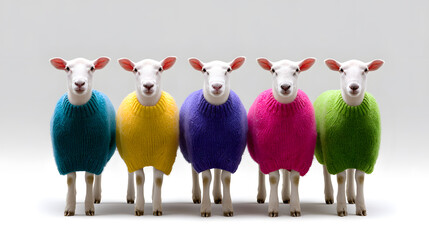 Obraz premium Colorful sheep in row: A collection of cheerful sheep, adorned in a vibrant spectrum of colors, stand in neat alignment, their gentle presence radiating a sense of calmness.