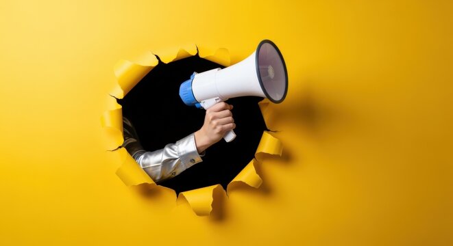 Announcement with Megaphone Breaking Through Yellow Paper: Urgent Message, Marketing Concept, Breaking News