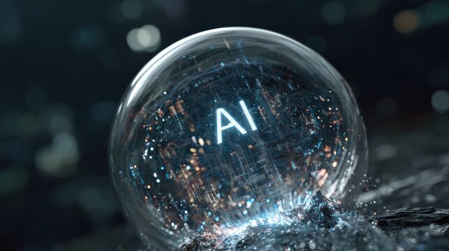 AI symbol glowing within a crystal sphere, visualizing a digital circuit network and abstract data flow, representing artificial intelligence prediction and innovation. - Powered by Adobe