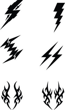 Collection of black tribal lightning bolt silhouettes and abstract flash tattoo design elements in vector illustration.