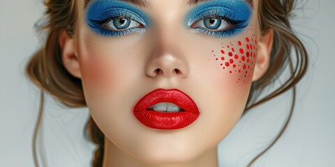Woman with creative blue and red makeup design on face