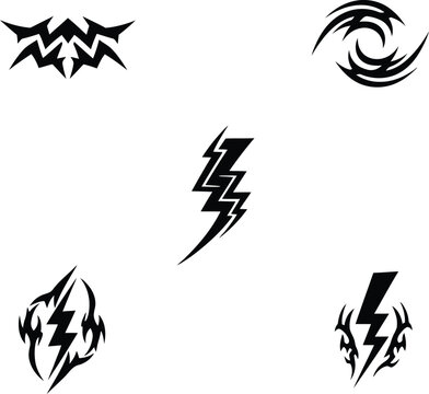 Set of five black tribal lightning bolt silhouettes and abstract electric spark tattoo elements in vector for graphic design.