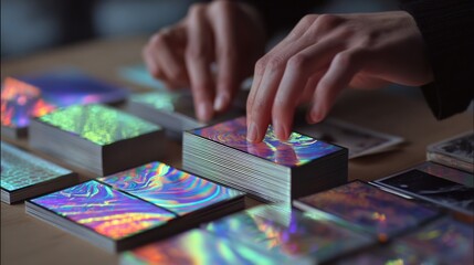 Fototapeta premium Medium shot of hands applying holographic overlay on business cards highlighting dynamic 3D light reflections and shimmering rainbow patterns.