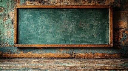 Vintage Chalkboard in a Rustic Classroom Setting with Weathered Walls