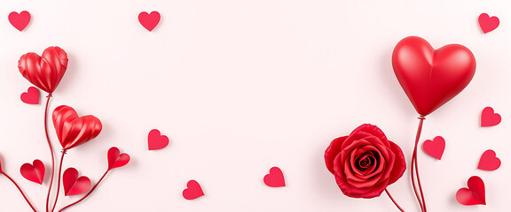 Red heart balloons and red rose arranged on soft pink background with scattered hearts symbolizing love romance valentine celebration and affection