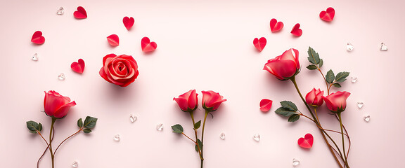 Pink rose flowers arranged with red heart decorations and crystal accents on soft pink background symbolizing love romance valentine elegance and affection