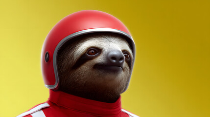 Obraz premium Sloth with a Helmet: A charismatic sloth, confidently posed in a vibrant red helmet, radiating an aura of sporty flair and playful charm.