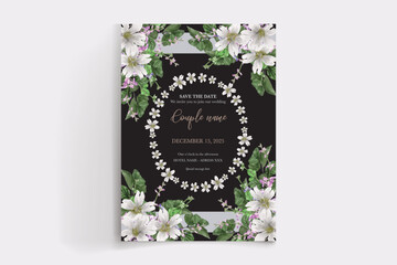 WEDDING INVITATION FRAME WITH FLOWER DECORATIONS AND FRESH LEAVES