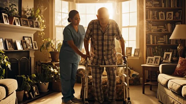 Caring Nurse Assistant Helps Elderly Man With Walker At Home