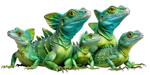 Group of five colorful lizards