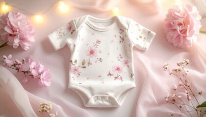 Soft cotton baby bodysuit with a delicate pink floral print laid flat, perfect for newborn comfort.