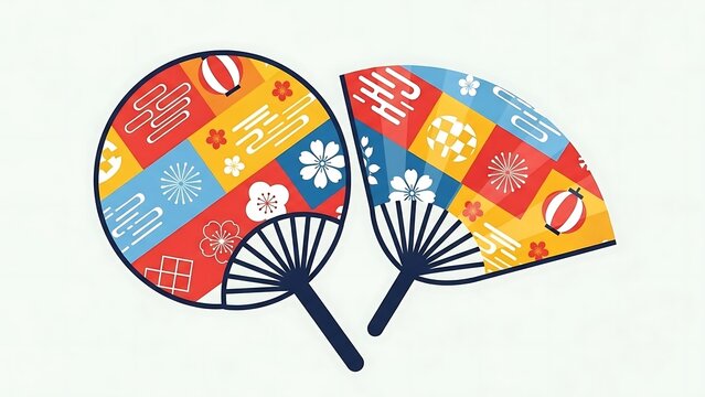 Colorful Japanese Fans on White Background.