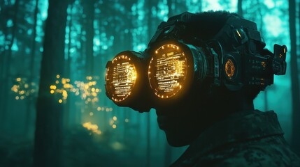 Soldier wearing advanced night vision goggles with illuminated optics in a dark forest setting